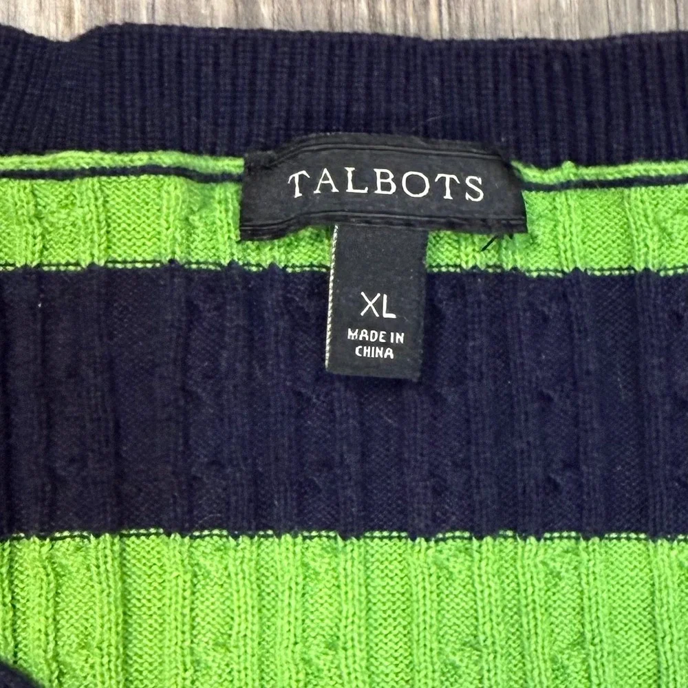 Talbots XL Nautical Prep Navy Blue Lime Green Striped Cable Knit Cotton Cardigan